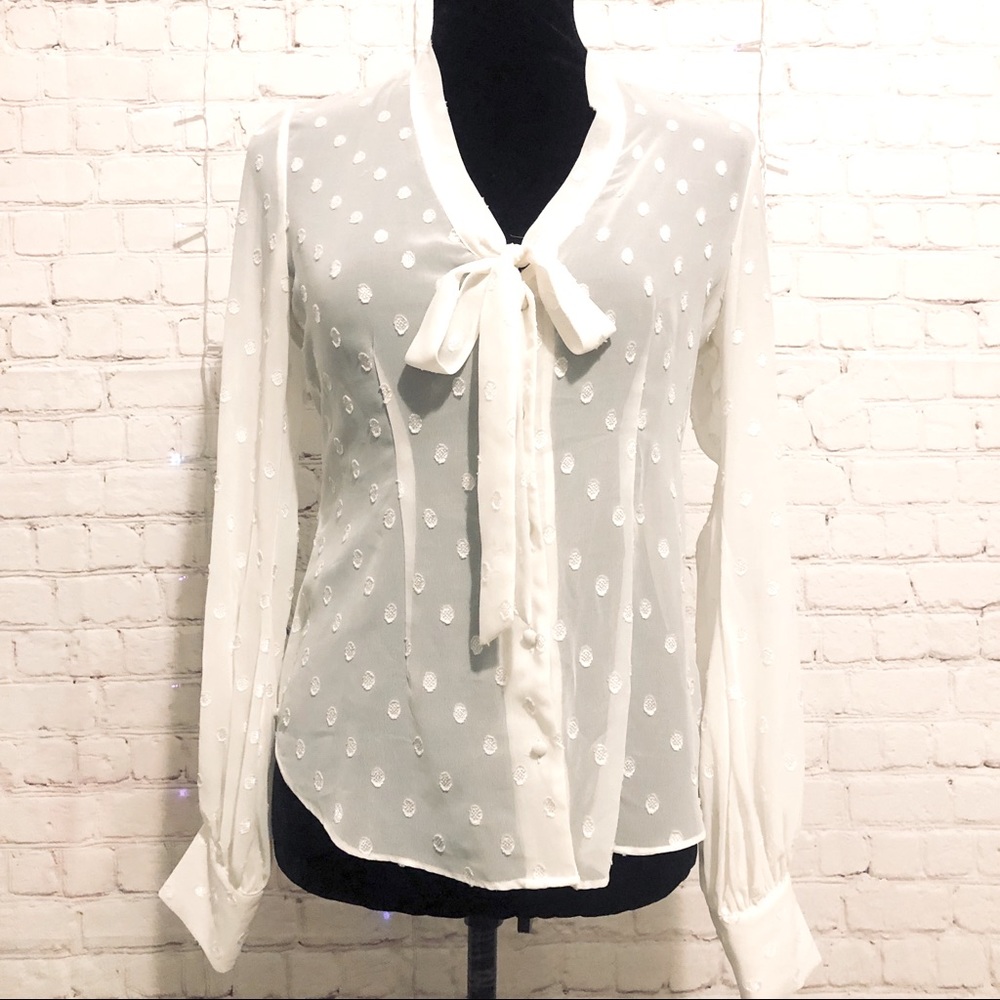 EXPRESS WHITE POLKA DOT SHEER LONG SLEEVE BLOUSE